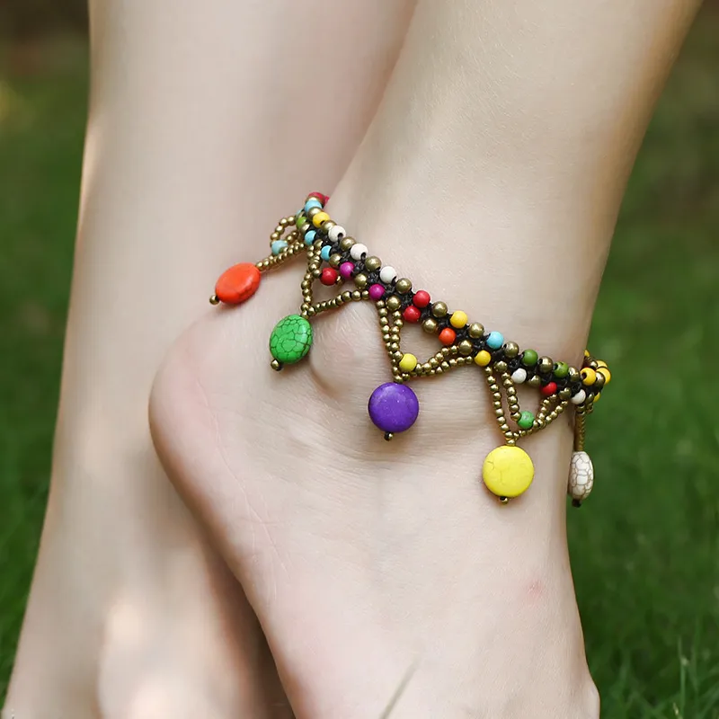 S2324 Bohemian Mode Smycken Turkos Färgglada Beaded Pendant Anklet Handgjorda Wax Thread Woven Beads Anklets