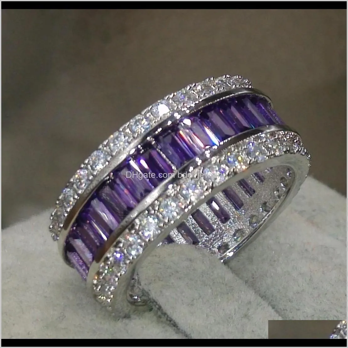 wholesale professional luxury jewlery princess cut 925 sterling silver amethyst gemstones cz diamond wedding lover band ring gift size