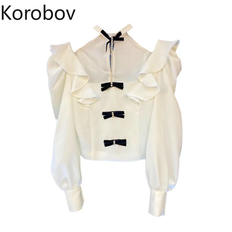 Korobov coréen volants femmes élégantes Blouses printemps été nouvelles femmes chemises bureau dame licou nœud Patchwork Blusas Mujer 210430