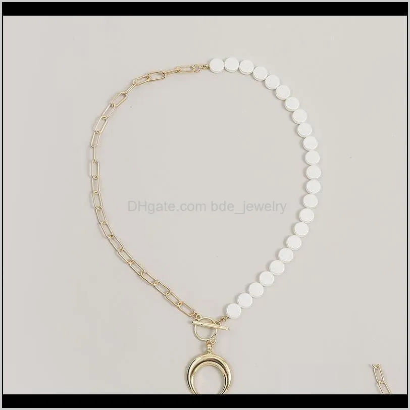 creative european and american simple asymmetrical moon pearl women`s necklace trend long beaded pendant jewelry necklaces
