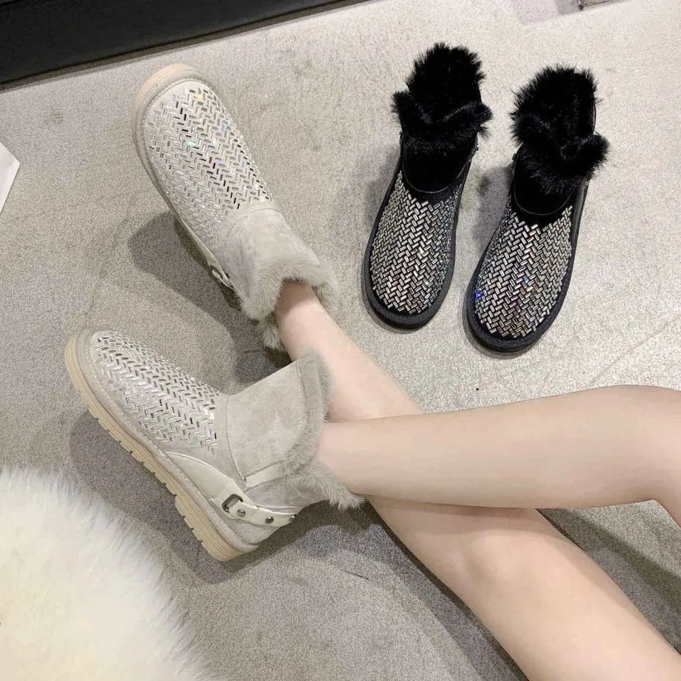 2021 Winter Lovely Rabbit Hair Boots New Thick Soles Add Velvet Warm Sequins Fashion Cotton Shoes Outdoor Comfortable Leisure