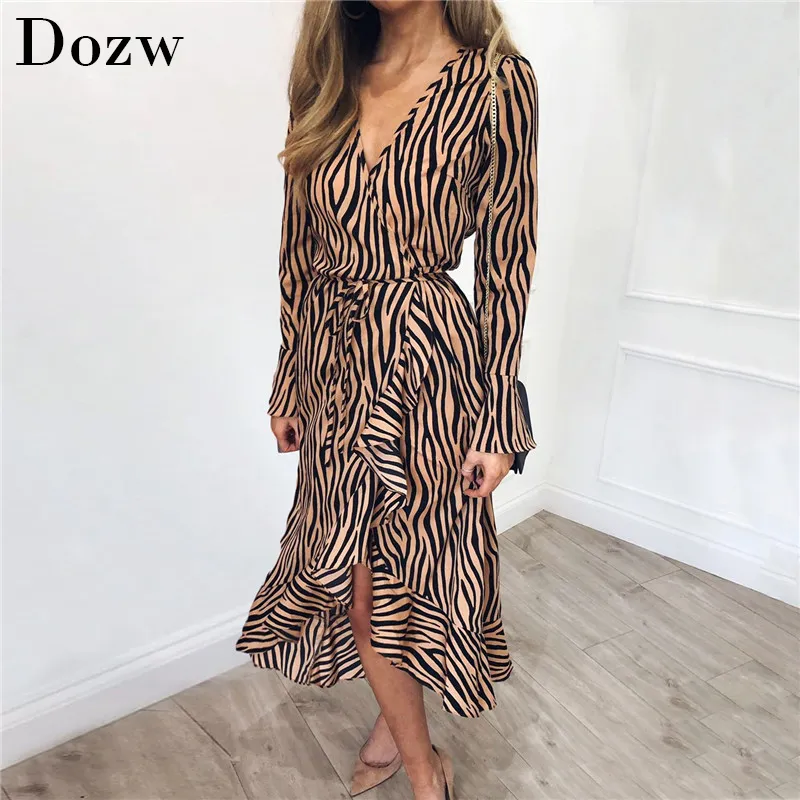 Vestidos longos mulheres zebra impressão praia chiffon vestido casual manga longa v pescoço babados vestido de festa elegante vestidos 210414