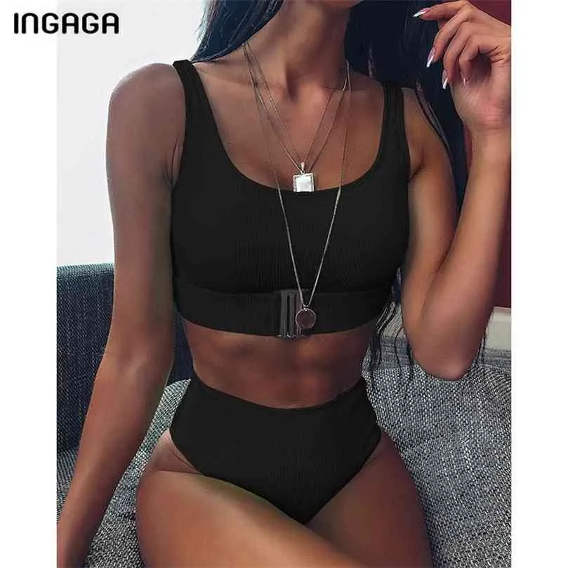 Ingaga High Waist Bikini Badkläder Kvinnor Bandeau Push Up Baddräkt Feamle Spänne Set Black Beach Wear Bad kostym 210712