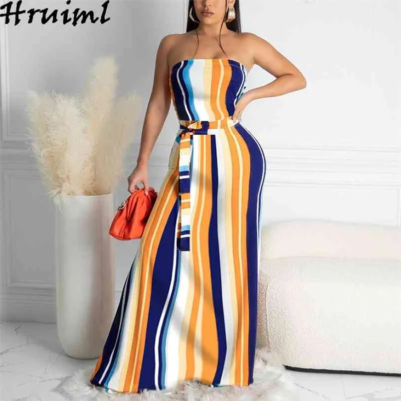 Dresses Ladies Strapless Elegant Striped Print Fashion Summer Bandage Dress A Line Loose Chic Party Club Long for Women 210513