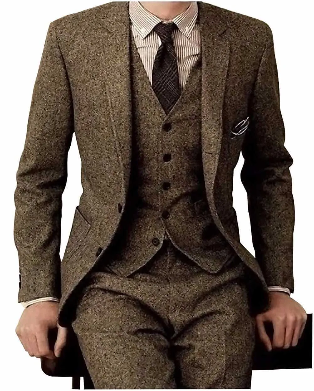 Brown Tweed Män Passar 3 stycken Formell Business Suit Set Custom Gentle-Mens Groom Wedding Dress Blazer Suit (Jacket + Pants + Vest) x0909