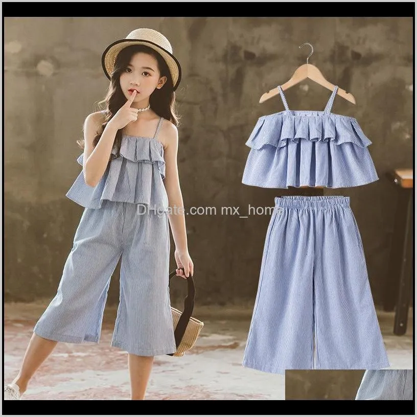 children`s suit korean children clothes set summer backless shirts and wide leg pants for teenage blue stripes two piece birthday outfits