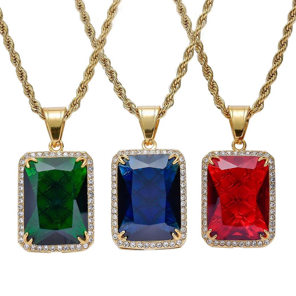 Men Women Hip Hop Gemstone Pendant Necklace Popular Red Blue Green Gem Jewelry High Quality Stainless Steel IP Gold Plated Accessories