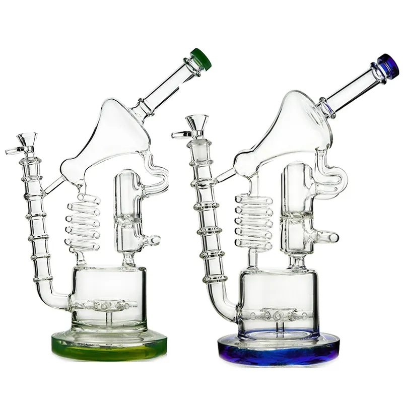 Double Recycler Glass Bong Sprinkler Perc Dab Rig Hookahs Microscope Shape Water Pipes 14mm Female Joint With Bowl WP558