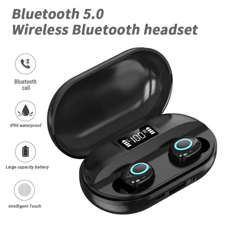 Trådlösa hörlurar TWS Bluetooth 5.0 Mini Headphone Earputs Stereo LED Power Display Sport Vattentät headset med mikrofon