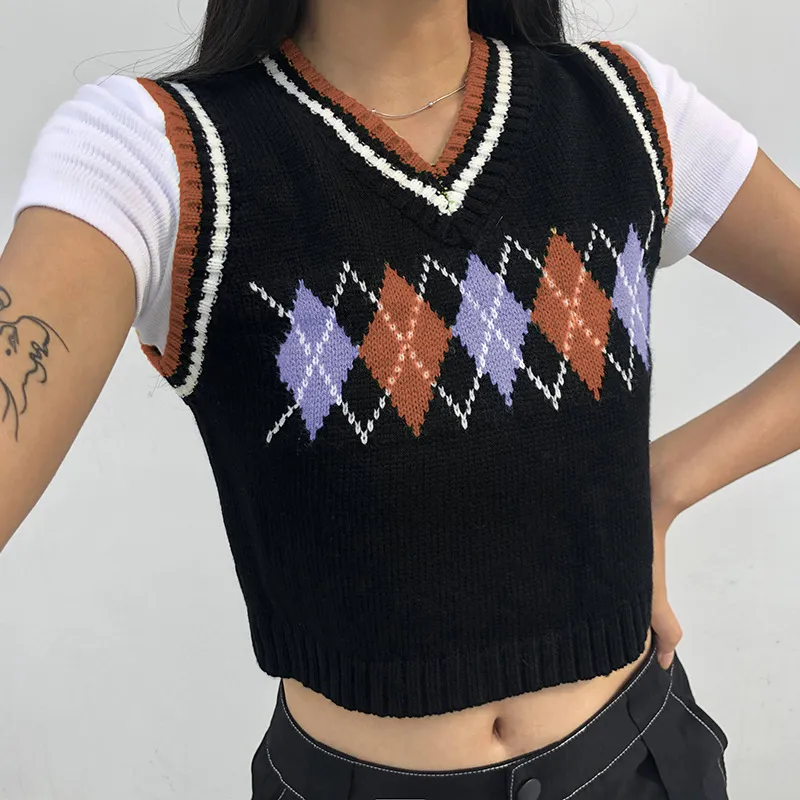 Argyle Sweater Vest Crop Top Kvinnor Ärmlös Strikkad Tröja Pullovers Casual StreetStyle Short Club Party Sweater Vest 210415