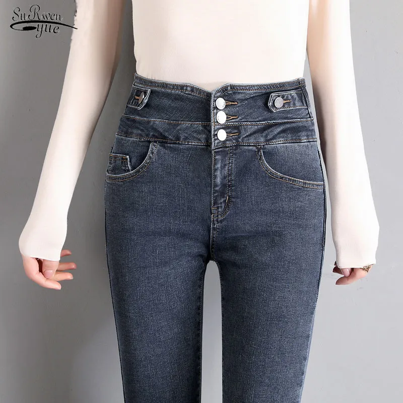 Autumn Fashion Buckle Button Jeans Women Elastic Slim Tight Pencil Pants High Waist Black Gray Skinny 10836 210521