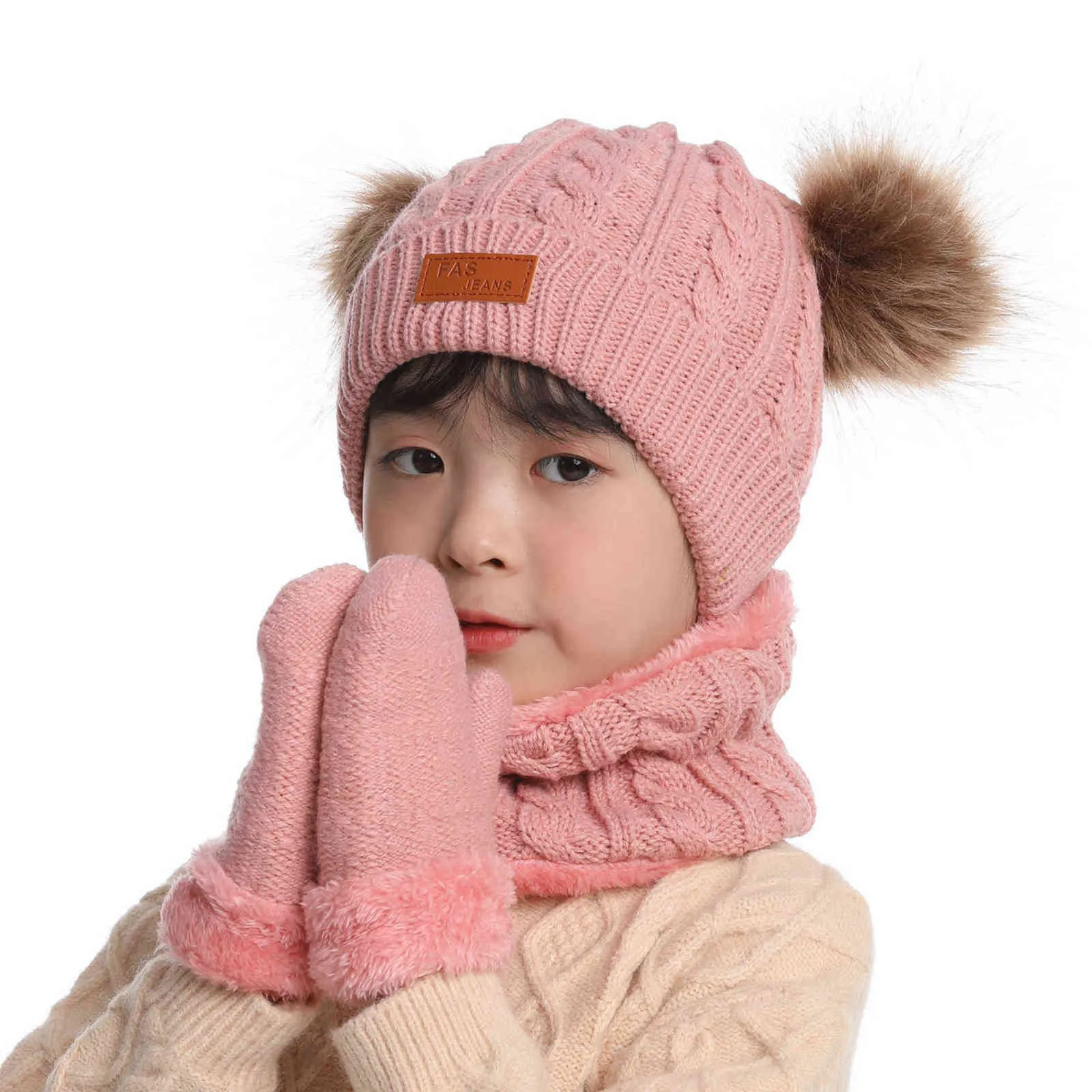 3 шт. Детская зимняя вязаная шапка шарф перчатки с теплым флисом, выровненные для детей девочек мальчиков 1-3 года