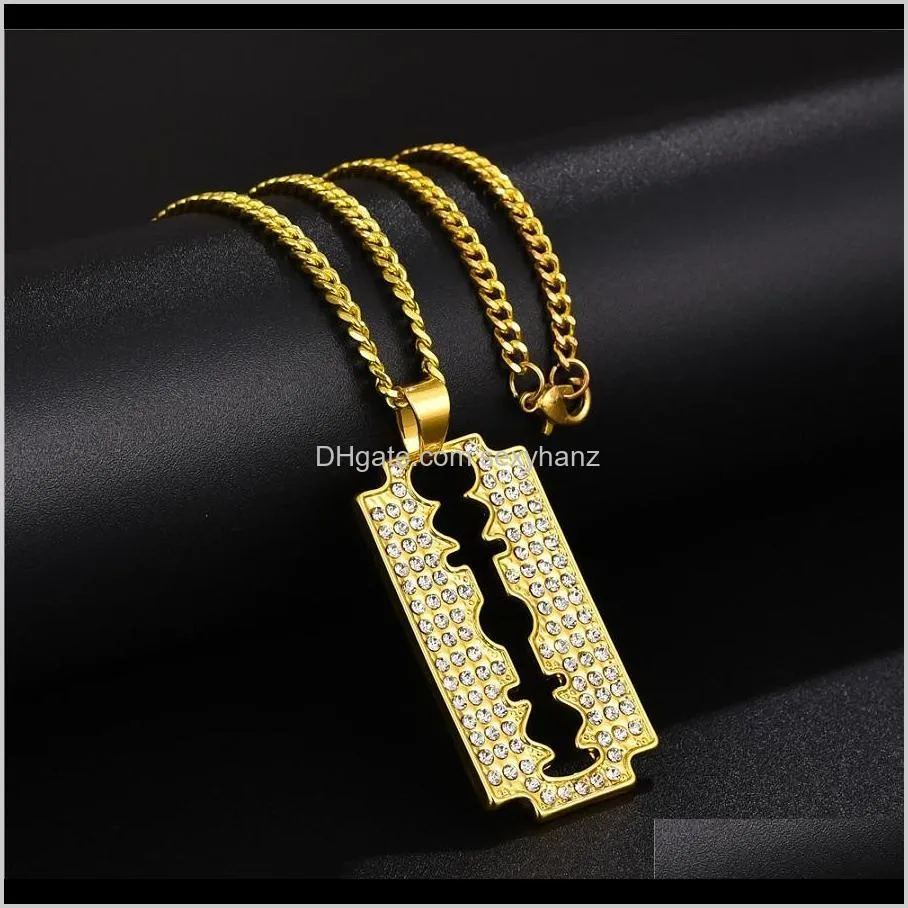 Fashion Men Iced Out Blade Pendant Necklace Hip Hop Jewelry Full Rhinestone Design 18k Gold Plated 60cm Long Chains Punk Necklaces For