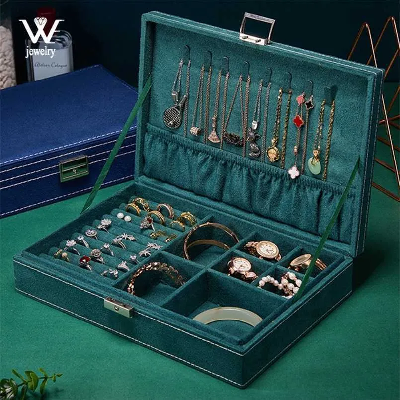 Vi gröna sammet dubbelskikt bärbara multifunktionella halsband ring armband smycken lådor mode örhängen hållare arrangör 211105