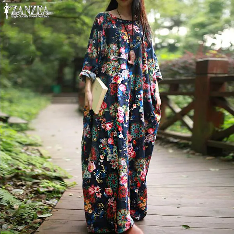 ZANZEA Femmes Maxi Robe longue 2021 Vintage Robes à imprimé floral à manches longues Poches Casual Loose Robes Plus Taille Robe Bohème X0521