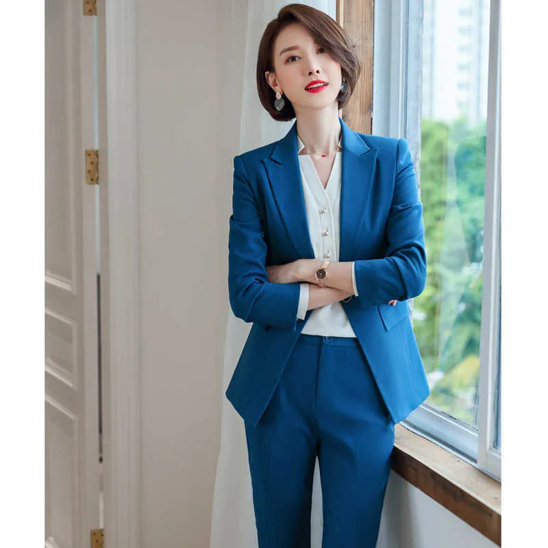 Business Blue Jacket Femme Mode Tempérament Hôte Costume Haute Qualité Bureau Femme Grande Taille Pantalon d'automne Ensemble 210527