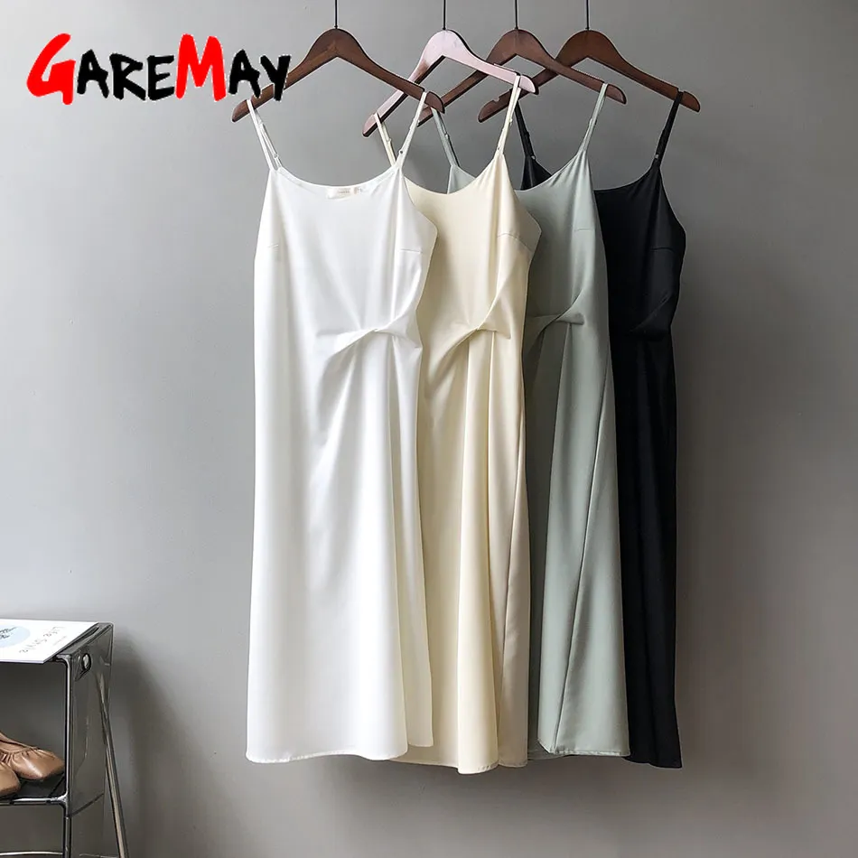 Beyaz Kolsuz Elbise Saten Temel Katı Spagetti Kayışı Ipek Casual Kadın Yaz Koreli ES Kadınlar Için 210428