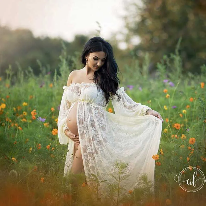 Maternity Photography Maxi Dress Slit Open Slash Neck Lace Pregnancy Photo Shoot Long Dress Q0713