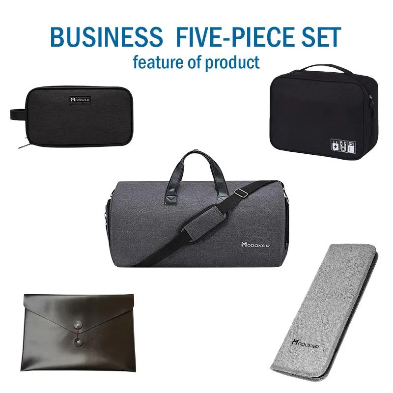 Duffelväskor Travel Garmentväska för män Business Five Set Inkludera Tvättpaket Bärbar dator eller Dokument Tie Bagpack och Kabel Vattentät Svart