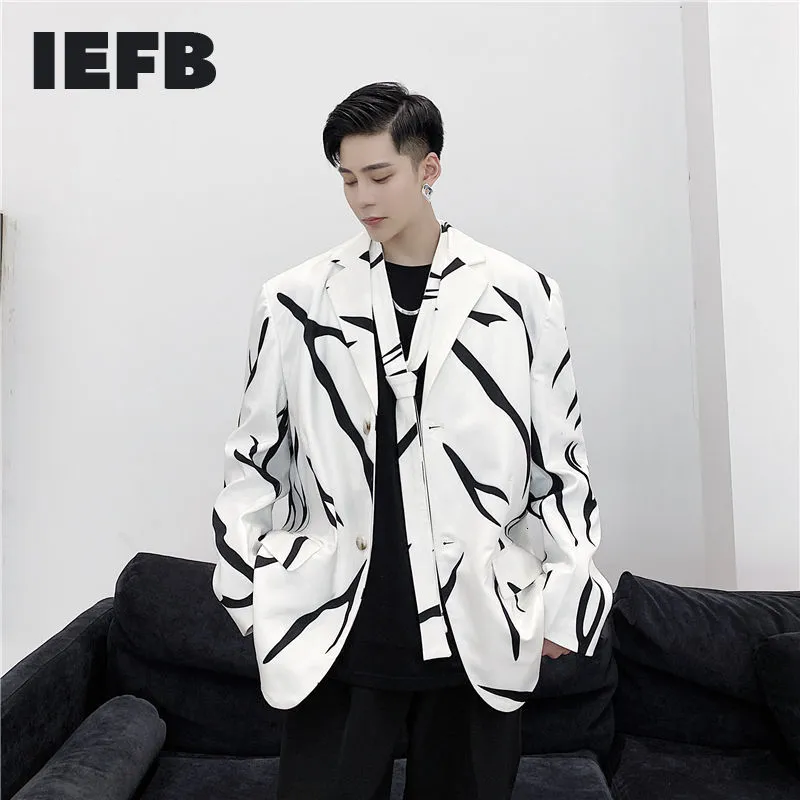 IEFB men's clothing spring trend white blazers tie design digital printing flame pattern loose casual suit coat 9Y4705 210524