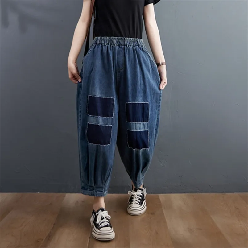 Frühling Kunst Stil Frauen Elastische Taille Baumwolle Denim Harem Hosen Patch Designs Lose Vintage Blue Jeans Plus Größe V317 210512
