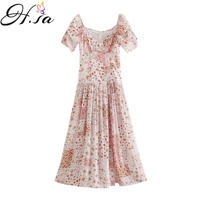 H.SA Summer Beach Bohemian Dress Women Floral Print Boho Lång Klänning Casual V-Neck Split Sexig Party Dress Robe Kvinna 210716