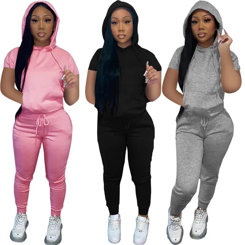 Designer Jogger passar Summer Women Tracksuits Hooded Short Sleeve Hoodie and Sweatpants Tvådelar Set Casual Solid Outfits Fitness Clothes Bulk grossist 6877