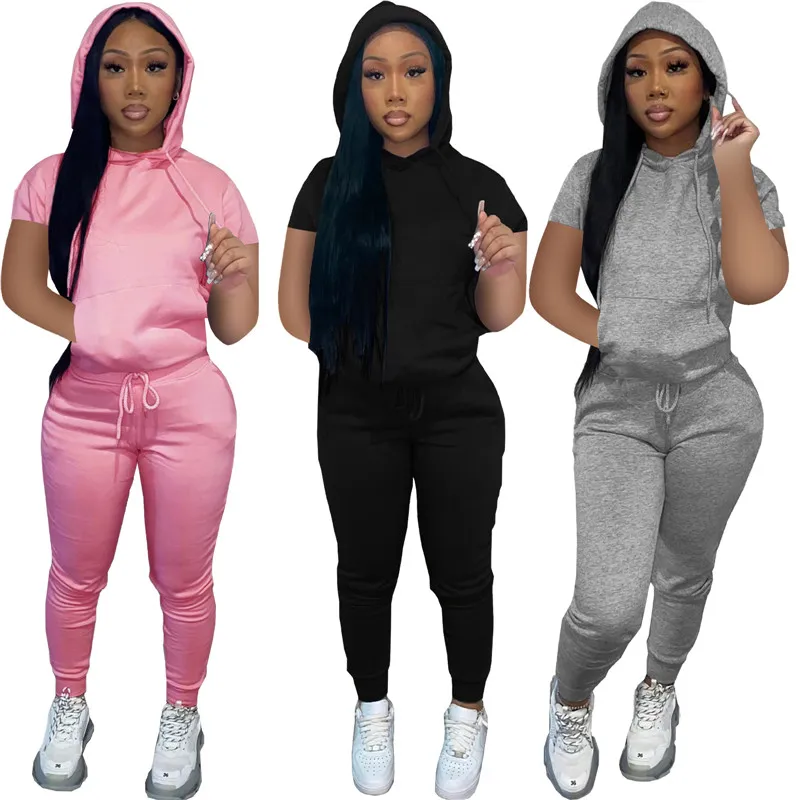 Designer Jogger Costumes Été Femmes Survêtements À Capuche À Manches Courtes À Capuche Et Pantalons De Survêtement Deux Pièces Ensembles Casual Solide Tenues Fitness Vêtements En Vrac En Gros 6877