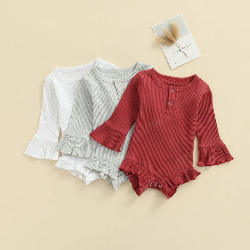 Primavera outono bebê menina romper moda cor sólida plissada mangas compridas lace ribbed macacos com bowknot