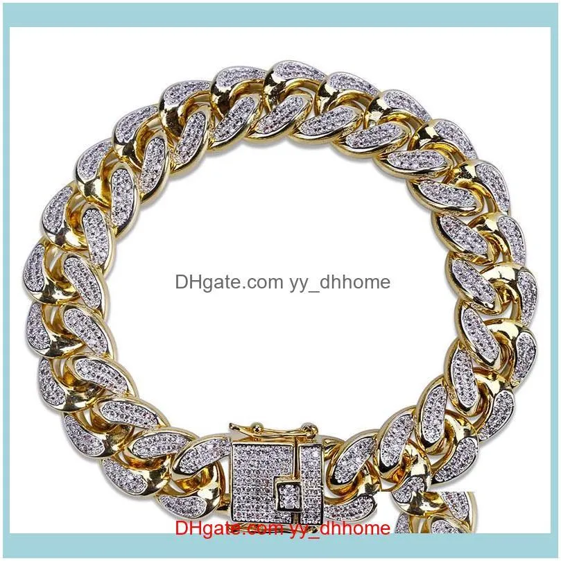 Lien, bijouxhip hop hommes luxe 18 carats plaqué or 14 mm largeur chaîne cubaine exquise mode flagrante bracelets de zircon drop livraison 2021 ppktn