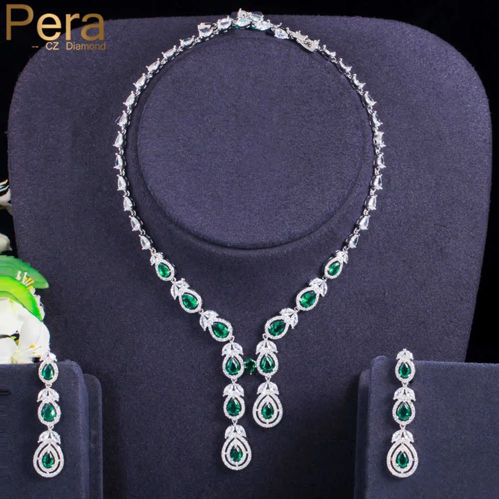 Pera Elegant Green Waterdrop CZ Crystal Lange Blad Hanger Luxe Bruids Bruiloft Ketting Oorbellen Sieraden Sets voor Bruiden J416 H1022