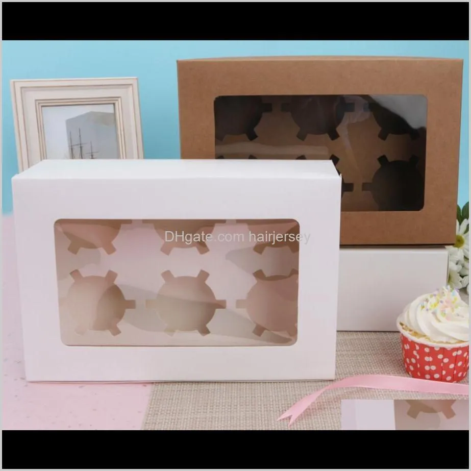 2020 windowed cupcake boxes white brown kraft paper box gift packaging for wedding festival party 6 cup cake holders customized 