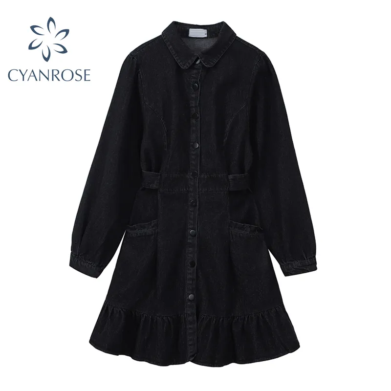 Negro Denim Camisa Vestido Mulheres Cintura Alta Manga Longa Slim Coreano Vintage Elegante Curto Vestidos Lapela Cardigan Hem Trompete Vestido 210417