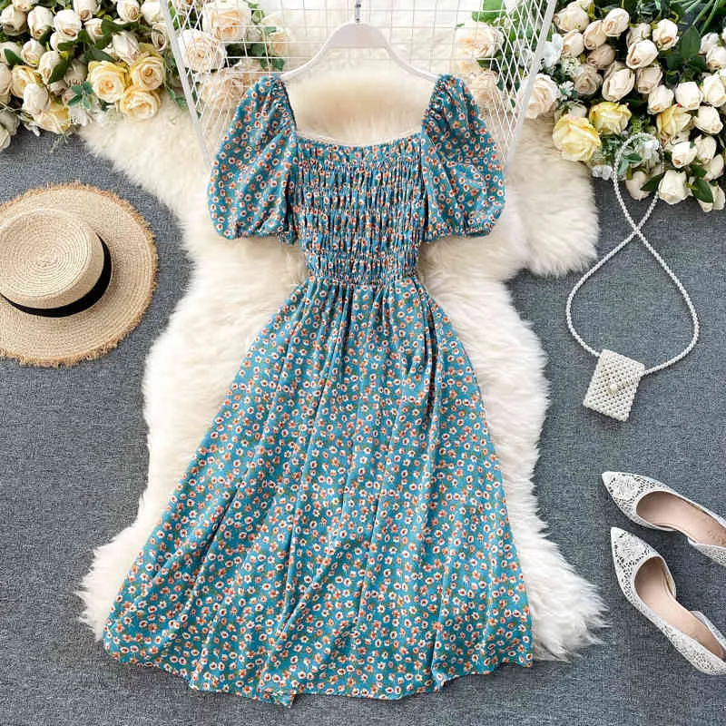 Boho slim vintage floral print Summer midi Dress square collar Party knee length dress Women elastic beach holiday a-line Dress X0521