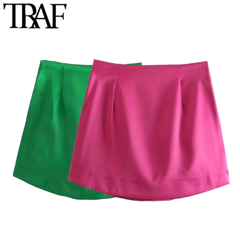TRAF Женщины шикарные моды мягкие сенсорные блестящие мини юбка Винтаж высокой талии боковой молнии женские юбки Mujer 210730