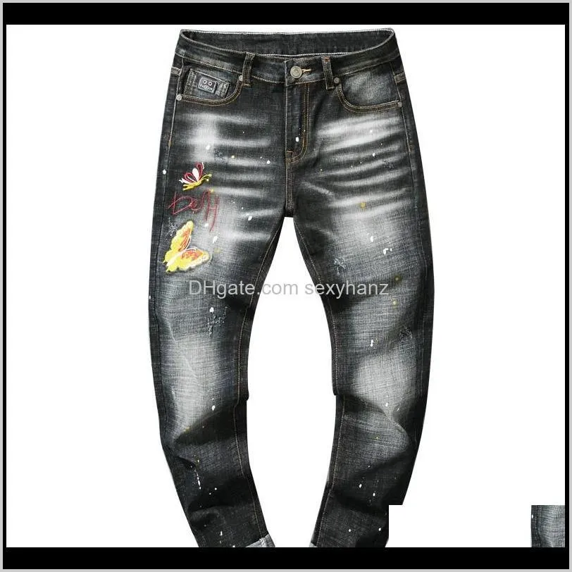 Clothing Apparel Drop Delivery 2021 Trend Embroidery Yellow Butterfly Spray Paint Wave Point Slim Tight Straight Mens Jeans Hole Trousers 7Xc