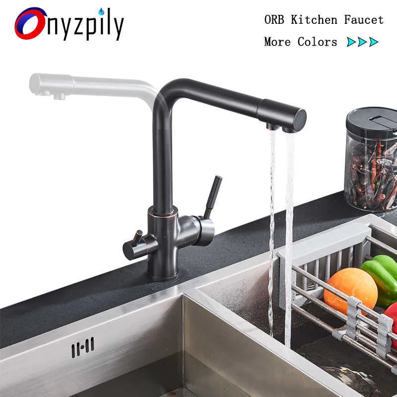 Schwarz-weißer Messing-Luxus-Reinwasser-Küchenarmatur-Doppelgriff und kaltes Trinkwasser 3-Wege-Filter-Küchenmischbatterien 210724