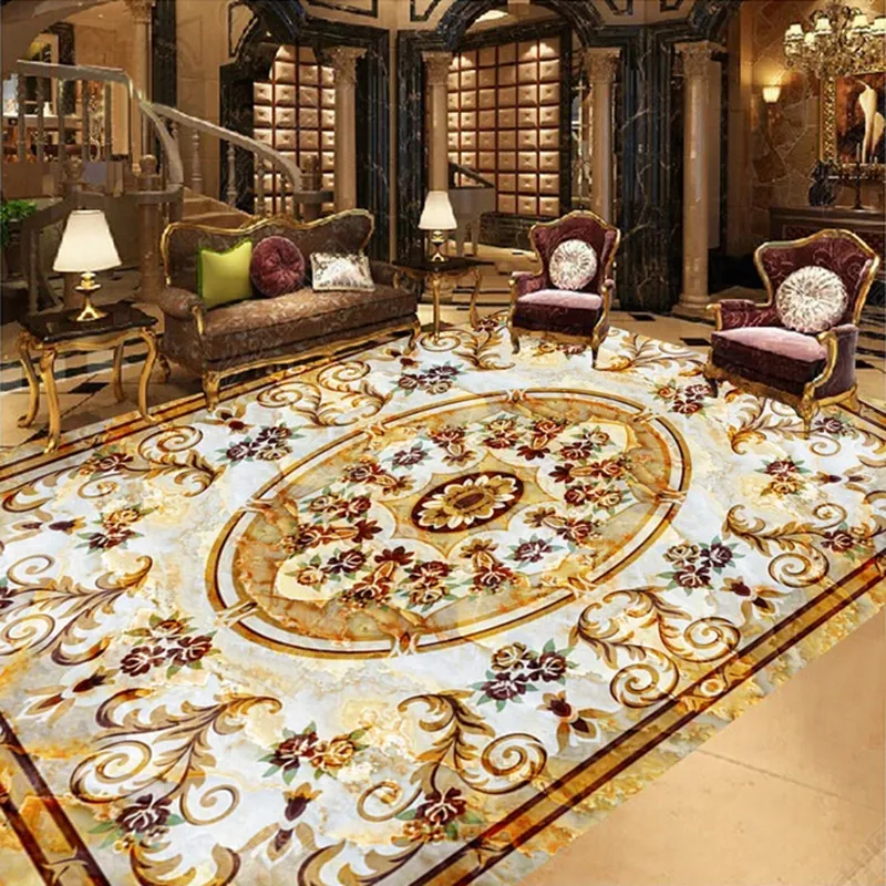 Custom Self-Adhesive Floor Wallpaper 3D Marble Pattern European Style Living Room Hotel Waterproof 3D Floor Tiles Sticker Murals