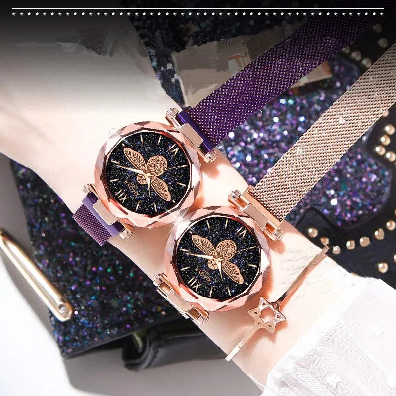 Armbandsur Vintage Magnetic Starry Sky Lysous Watch Women Ladies Quartz Wrist Fashion Magnet Strap Clock Zegareek Damski