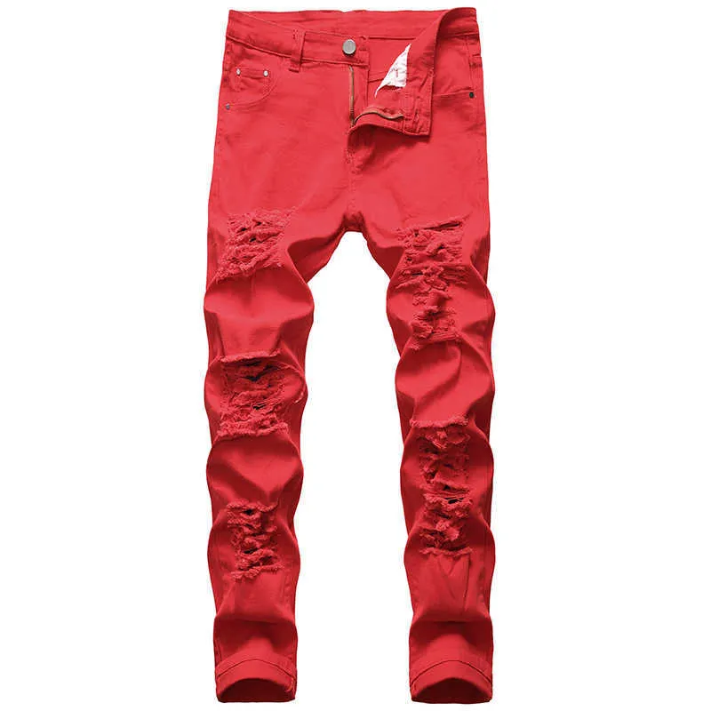 Jeans Rouge Déchiré Homme - Coupe Slim Fit, Style Punk Vintage - Pantalon Denim Troué Pour Automne/Hiver
