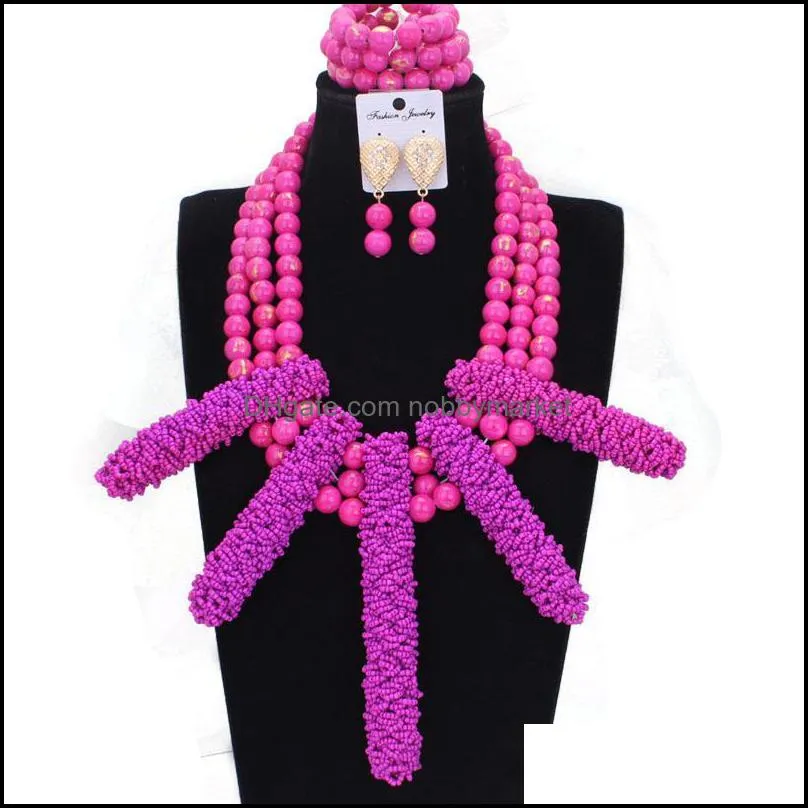 Earrings & Necklace Dudo Beads Jewelry Set African Purple Beaded Handmade Nature Stone Nigeria Jewellery