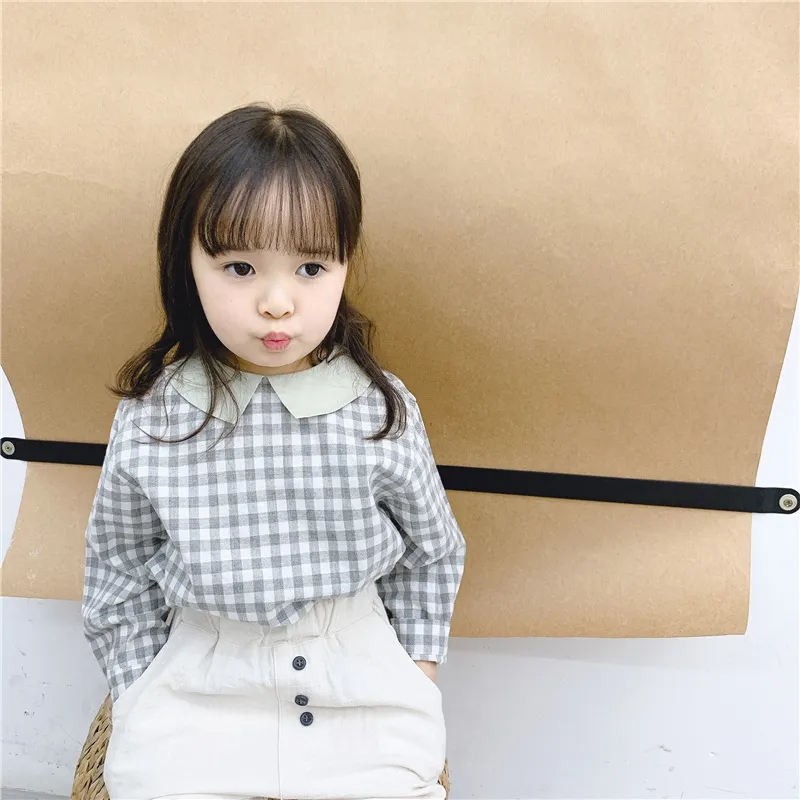 Kore Tarzı Bebek Kız Sevimli Bebek Yaka Ekose Bluzlar Çocuklar Pamuk Tüm Maç Rahat Giysileri Tops 210508