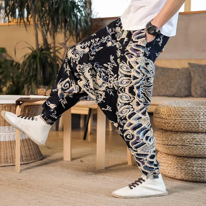 Drop Crotch Printing Joggers Trausers Men Harem Pants Fashion Streetwear Hip Hop Baggy M-3XL Wide Leg Nine-points Men's