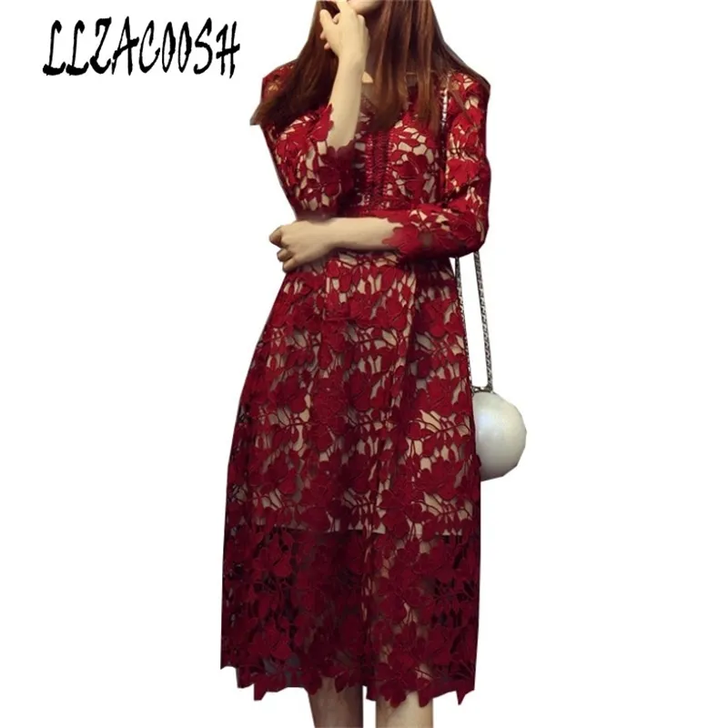 Självporträtt damer sommarklänning Vit / röd / vin röd / violett spetsig krok klänning ihålig ut v-hals elegant klänning 210514