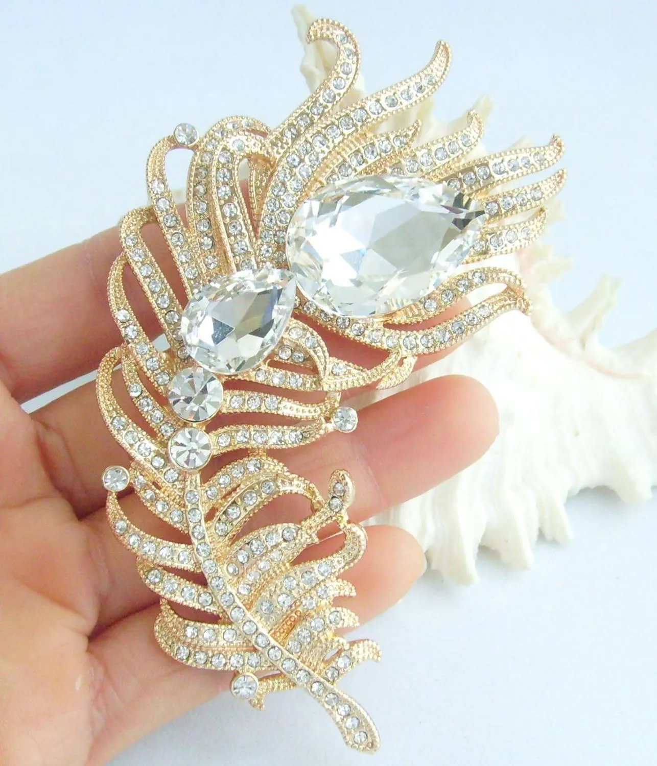 4.33 "Peacock Feather Brosch Pin Pendant Clear Rhinestone Crystal EE05038C13