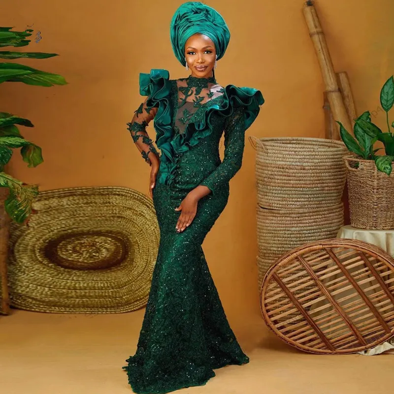 Green Hunter Style African Mermaid Green Lace prom dress with Ruffled Lace and Long Sleeves - Elegant Nigerian Formal Gown
