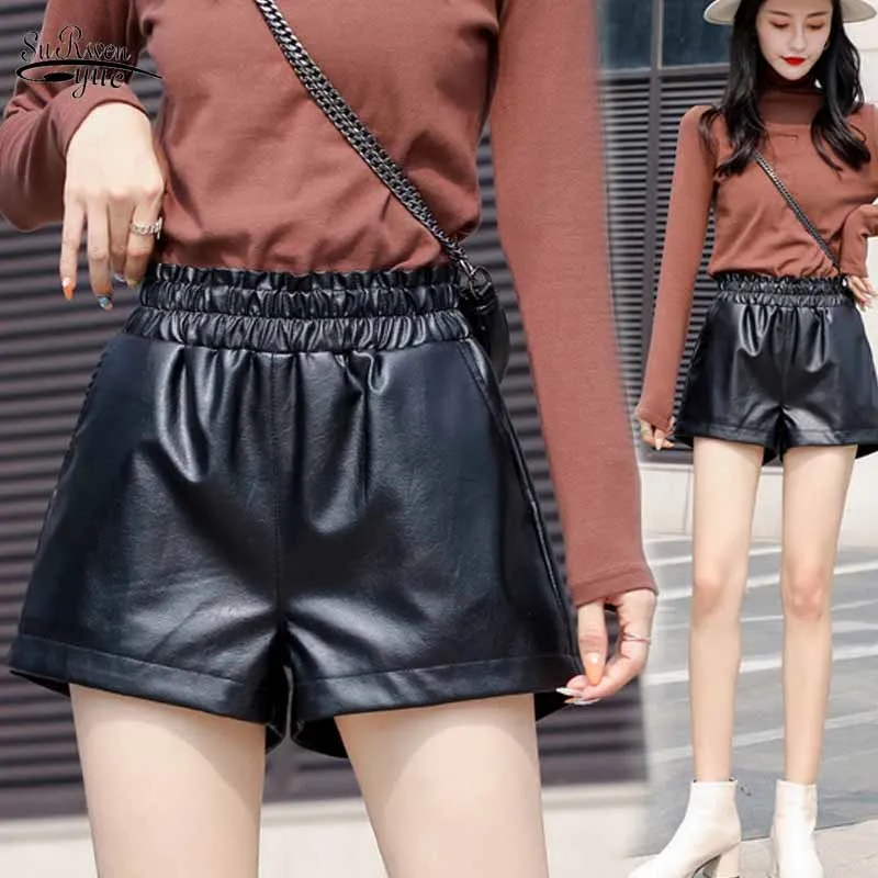 Loose A-line Wide-legged Shorts PU Leather Women Autumn Thin and Winter High Waist Pants 11583 210508