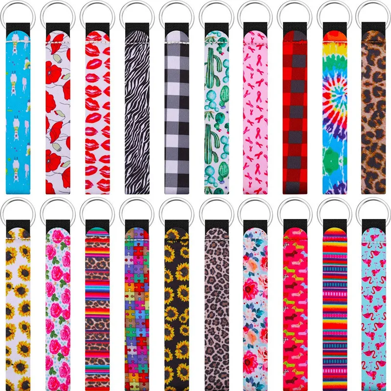 Wholesale Neoprene Wristlet Fobs Keychain Badminton Bag Key Chain Holder Colourful Printed Wrist Key Belt Sunflower Strap Leopard Lanyard Key Ring Ke