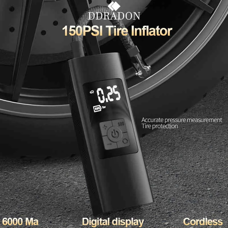 150PSI Rechargeable Air 6000mA Tire Inflator Cordless Portable Compressor Digital Car Tyre Pump for Bicycle Tires Balls
