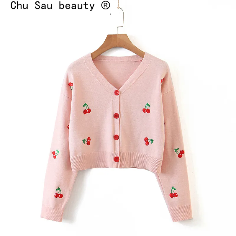 Sweet Cute Kawaii Różowy Cherry Haft Kobiety Jesień Dzianiny Kardigan Topy Chic V-Neck Single Swetry 210514